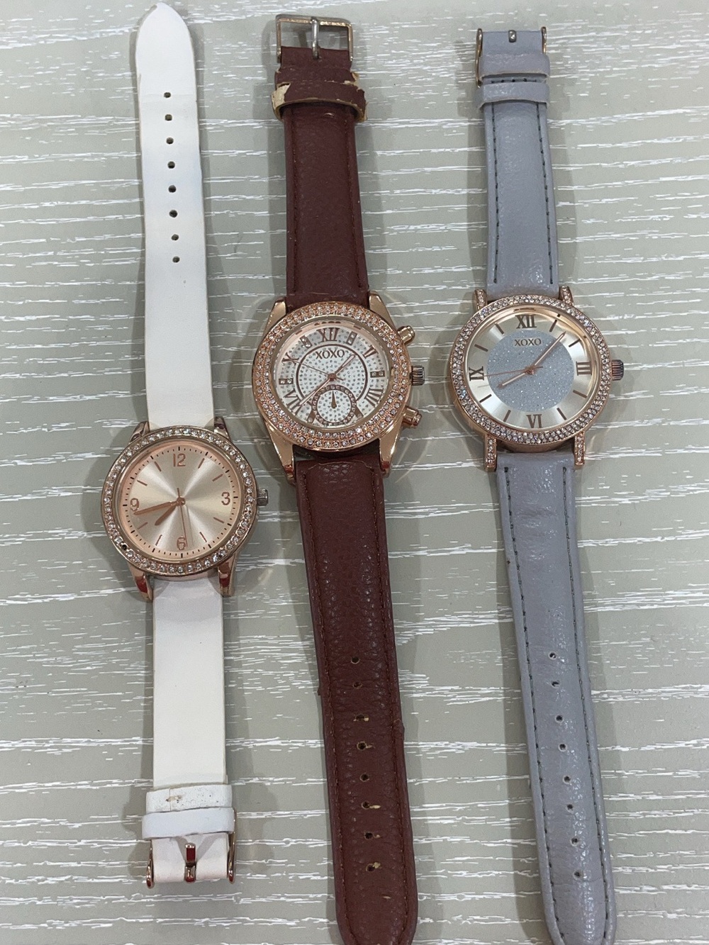 3 XOXO Women's Rose Gold Case White,brown and grey Leather Strap Watches